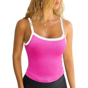 DaiLiWei Womens Square Neck Tank Tops Ribbed Sleeveless Cropped Top Color Block Basic Cami Shirts
