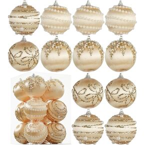 Champagne Satin Christmas Balls, Silk Christmas Tree Hanging Ornaments, Pack of 12 Luxury Shatterproof Xmas Tree Decorations Bulbs Set