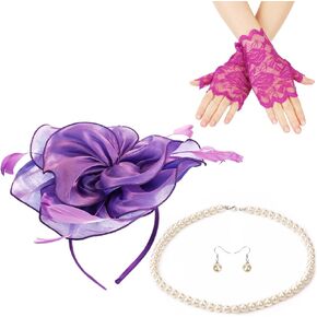 Derby Hats for Women 2023, Flower Feather Ladies Fascinators Hats Set Tea Party Headband with Hair Clip Lace Gloves Pearl