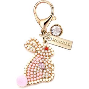 MC404 Crystal Bunny Rabbit Lobster Clasp Charm for Women with Velvet Bag (White Pink,1 Piece)