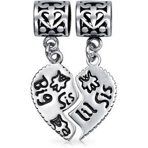 Personalized BFF SIS Little SIS Puzzle 2 Piece Split Heart Sisters Bead Charm Teen Sterling Silver Fit European Bracelet