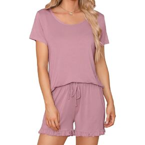 SWOMOG Pajamas for Women Set 2 Piece Short Sleeve Sleepwear Soft Tops and Ruffle Shorts Pjs Lounge Sets with Pockets S-XXL