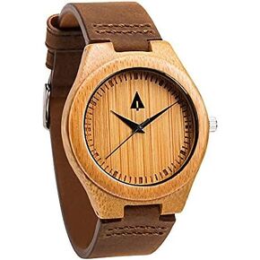 Treehut Wooden Bamboo Watches for Men, Japanese Quartz Movement, Stylish Exotic Wrist Watch with Brown Leather Straps, Watch Made from Wood, Relojes para Hombre