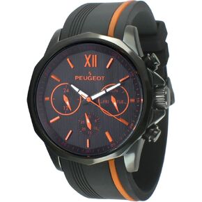 Peugeot Men Big Face Chronograph Sport Watch - Round with Day, Date. 24 Hours Sub Dial Windows & Silicone Strap