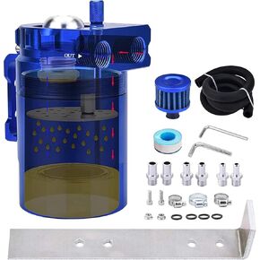 SPEEDWOW Universal Oil Catch Can Kit with low micron bronze filter & larger removable baffle,Oil Capture Tank Air Tank with 3/8" Fuel Line, 300ml (Blue)