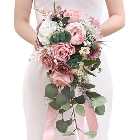 Serwalin 9.8 Inch Wedding Bouquets for Bride Bridesmaid, Champagne Rose Bridal Bouquets for Bride, Wedding Flowers Bouquet Tossing Bouquet, Wedding Ceremony and Anniversary Valentine's Day Decoration