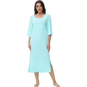 WiWi Women Viscose from Bamboo Long Nightgowns 3/4 Sleeves Nightshirts Round Neck Full Length Sleep Shirts with Pocket S-XXL
