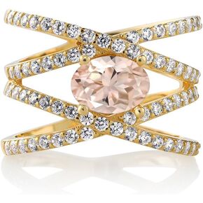 Gem Stone King 1.93 Ct Oval Peach Morganite 18K Yellow Gold Plated Silver Criss Cross Ring