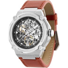 Men's Luxury Automatic Mechanical Skeleton Watch, 47mm Silver Case, Brown Leather Strap, Water Resistant, No Battery Needed, Pure Mechanical Power