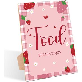 Strawberry Baby Shower Table Sign, Food Please Enjoy Sign, Pack of 1 Wooden Tabletop Sign with Stand, Berry Baby Shower Supplies, Gender Reveal Party Decorations - RG60