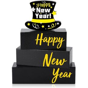 4 Pcs Wooden Happy New Year Tabletop Decor New Years Decorations 2025 Black Silver and Gold Wood Hat Block Sign Gift Winter Tiered Tray Decor New Year Table Centerpiece