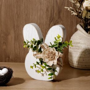 Easter Decorations for the Home: Rustic Antique Wooden Bunny Happy Easter Table Centerpiece Signs, Farmhouse White Rabbit with Flowers Wood Bunny Easter Decorations for Table, Cute Easter Gifts