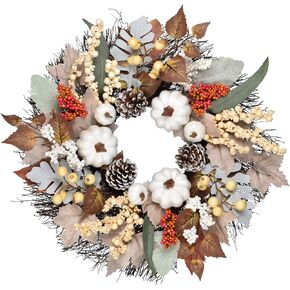 Lvydec 20" Pumpkin Fall Wreath Clearance - Autumn Wreath with Colorful Maple Leaves Pumpkin Pine Cone and Berries, Harvest Wreath for Front Door Table Wall and Thanksgiving Decoration