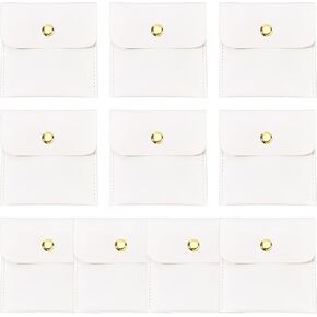 BENECREAT 10Pcs White PU Leather Jewelry Pouch, 3x3 inch Square Small Travel Bag with Snap Button for Festival, Wedding Party Favor Gift Wrapping Bag