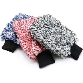 Microfiber Car Wash Mitt - 3 Pack Car Washing Mitts Scratch Free with Blue, Red and Black, Machine Washable, Lint Free, 10 Inch X 8 Inch Car Wash Glove for Cars Washing