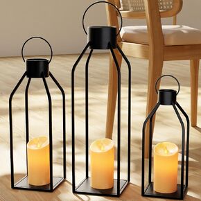 AFIENTH Modern Farmhouse Lantern Decor, Black Metal Candle Lantern Decorative with Flameless Candles, 16'' 13'' Set of 2 Large Lantern Decor for Indoor, Outdoor, Patio, Porch, Entryway, Centerpieces