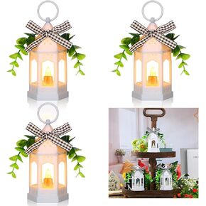 3 Pieces Mini Lantern with LED Candle Farmhouse Tiered Tray Decor Centerpieces Lantern with Eucalyptus and Buffalo Plaid Rustic Vintage Hanging Battery Operated Hexagonal Lantern(White)