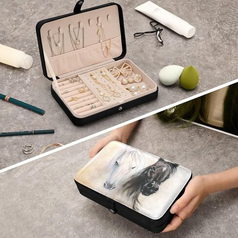 senya Leather Jewelry Box, Black and White Horse Necklace Ring Earrings Storage Organizer for Women Travel Jewelry Organizer in Saudi Arabia
