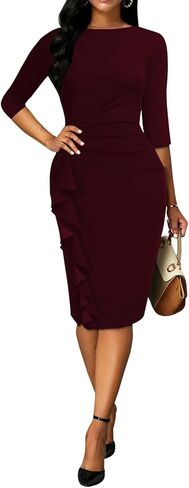 AirZeal Chuch Dresses for Women 3/4 Sleeve Ruffle Bodycon Elegant Ruched Wedding Guest Formal Tea Party Pencil Sheath Dress A White in Saudi Arabia