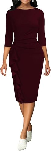 AirZeal Chuch Dresses for Women 3/4 Sleeve Ruffle Bodycon Elegant Ruched Wedding Guest Formal Tea Party Pencil Sheath Dress A White in Saudi Arabia