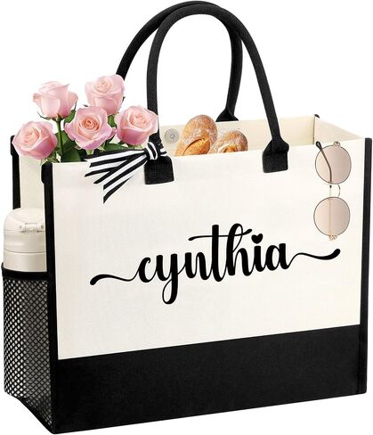 Personalized Name Tote Bag for Women, Birthday Best Friend Bridesmaid Gifts for Women Canvas Initial Tote Bags in Saudi Arabia