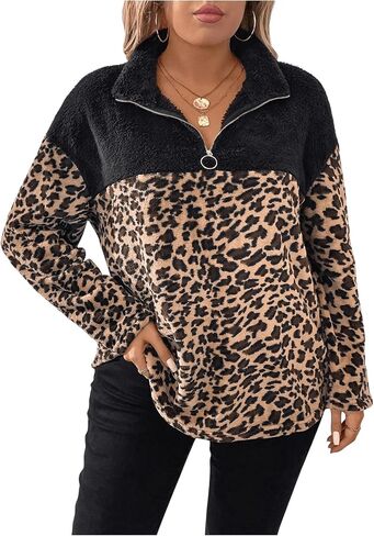 Women's Plus Size Leopard Print Half Zip Fleece Sweatshirt Long Sleeve Drop Shoulder Fuzzy Top in Saudi Arabia