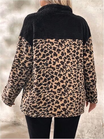 Women's Plus Size Leopard Print Half Zip Fleece Sweatshirt Long Sleeve Drop Shoulder Fuzzy Top in Saudi Arabia