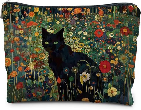 Black Cat Makeup Cosmetic Bags for Women - Cat Gifts for Women Cat Lovers, Cat Mom Gifts, Cat Lady Gifts, Floral Cat Small Makeup Bag Pouch for Purse in Kuwait