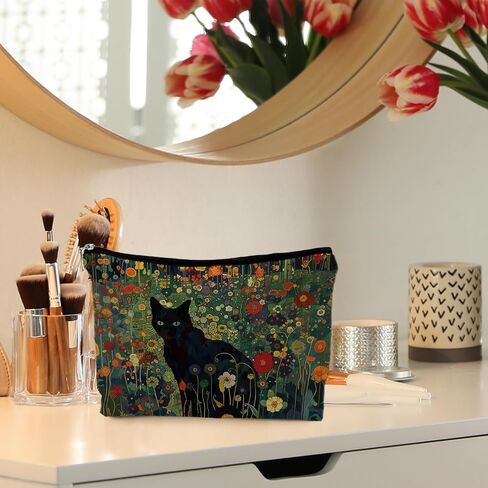 Black Cat Makeup Cosmetic Bags for Women - Cat Gifts for Women Cat Lovers, Cat Mom Gifts, Cat Lady Gifts, Floral Cat Small Makeup Bag Pouch for Purse in Kuwait