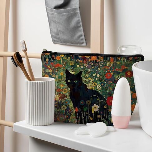 Black Cat Makeup Cosmetic Bags for Women - Cat Gifts for Women Cat Lovers, Cat Mom Gifts, Cat Lady Gifts, Floral Cat Small Makeup Bag Pouch for Purse in Kuwait