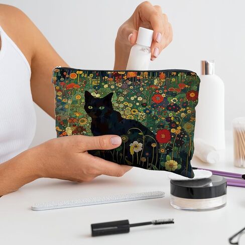 Black Cat Makeup Cosmetic Bags for Women - Cat Gifts for Women Cat Lovers, Cat Mom Gifts, Cat Lady Gifts, Floral Cat Small Makeup Bag Pouch for Purse in Kuwait