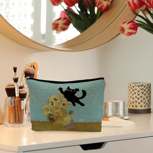 Black Cat Makeup Cosmetic Bags for Women - Cat Gifts for Women Cat Lovers, Cat Mom Gifts, Cat Lady Gifts, Floral Cat Small Makeup Bag Pouch for Purse in Kuwait