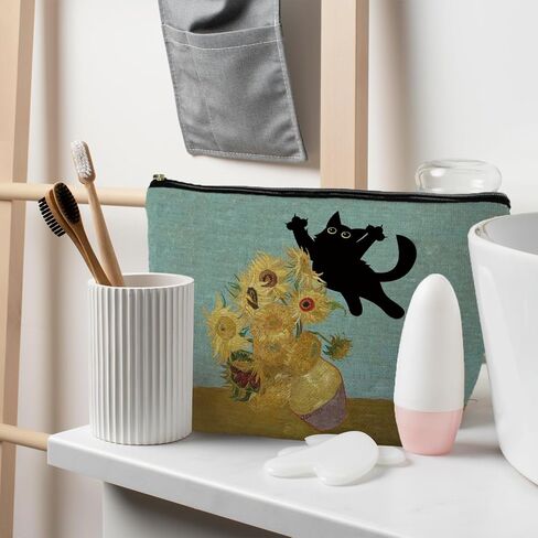 Black Cat Makeup Cosmetic Bags for Women - Cat Gifts for Women Cat Lovers, Cat Mom Gifts, Cat Lady Gifts, Floral Cat Small Makeup Bag Pouch for Purse in Kuwait