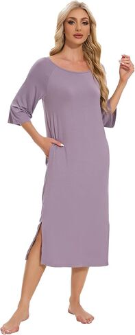 WiWi Women Viscose from Bamboo Long Nightgowns 3/4 Sleeves Nightshirts Round Neck Full Length Sleep Shirts with Pocket S-XXL in Kuwait