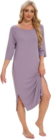 WiWi Women Viscose from Bamboo Long Nightgowns 3/4 Sleeves Nightshirts Round Neck Full Length Sleep Shirts with Pocket S-XXL in Kuwait