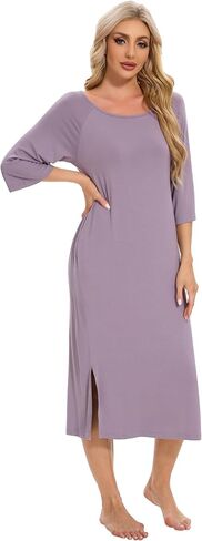 WiWi Women Viscose from Bamboo Long Nightgowns 3/4 Sleeves Nightshirts Round Neck Full Length Sleep Shirts with Pocket S-XXL in Kuwait