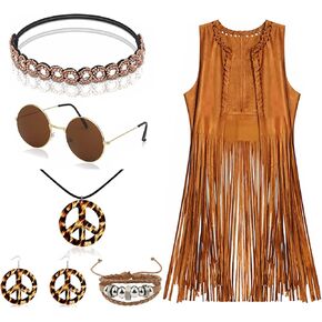 60s 70s Outfit for Women, Hippie Costume Clothes Set Hippie Accessories Peace Sign Earring Headband Fringe Vest for Party