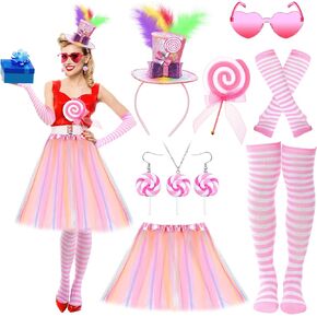 11 Pcs Candy Costumes for Women Peppermint Top Candy Outfits Mini Hat Feather Loliipop Headband Earrings Necklace Glasses Rainbow Tutu Leg Stocking Glove Props Christmas Cosplay Accessories