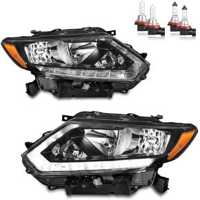 Halogen Headlights Assembly with LED DRL Strip for 2014 2015 2016 Rogue Headlamp Replacement Driver & Passenger Side (NO PROJECTOR)