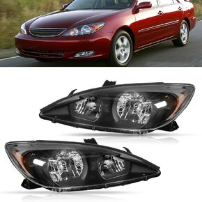 Halogen Headlights Assembly Fit for Toyota Camry 2002 2003 2004 Headlights Headlamps Driver and Passenger Side Black Housing Amber Reflector