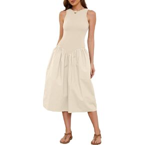 Livtany Women's Sleeveless Slim Fit Midi Dress Drop-Waist Crew Neck Patchwork Dress Ribbed a-Line Summer Dress with Pocket