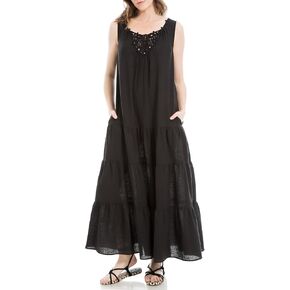 Max Studio Women's Sleeveless Tank Maxi Tiered Dress with Embroidered Neck