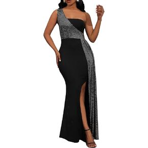 VERWIN Patchwork Sequins Bodycon Dress One Shoulder Sleeveless Dress Split Evening Glitter Cocktail Maxi Dress