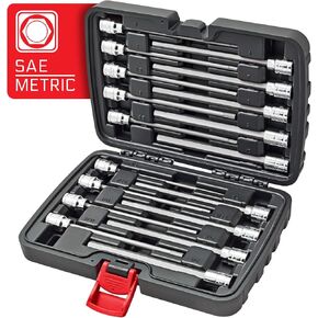 CARBYNE 18 Piece Extra Long Hex (Allen) Bit Socket Set | SAE & Metric, S2 Steel Bits, CrV Sockets, Corrosion Resistance, Durable Storage Case | 1/8''-3/8'' SAE / 3mm-10mm Metric, 3/8" Dr.