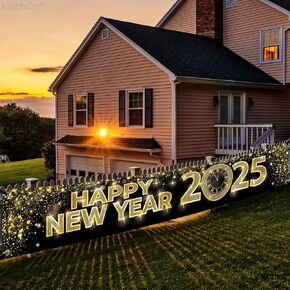 KatchOn, Happy New Year Banner 2025 - Big - 120x20 Inch, Happy New Year Yard Sign | New Years Eve Party Supplies 2025 | New Years Banner for New Years Decorations 2025, Happy New Year Decorations 2025