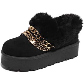 Women’s Slippers Platform Mini Boots for Suede Leather Slip-on Fluffy Warm Comfy