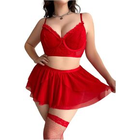 WDIRARA Women's Plus Size 5 Piece Floral Mesh Sheer Lace Trim Lingerie Set with High Waist Skirts and Stockings