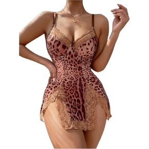 MakeMeChic Women's 2 Piece Lingerie Outfit Leopard Print Floral Lace Babydoll Split Nightgowns
