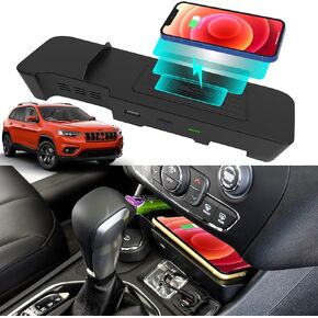 شاحن لاسلكي CarQiWireless لسيارة جيب شيروكي 2023 2019-2022 مع منفذ USB، لوحة شحن الهاتف اللاسلكي لملحقات شيروكي 2019 2020 2021 2022