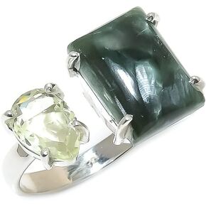 925 Sterling Silver Adjustable Ring - 2 Gemstones Unique Handmade Ring for Women, Statement Jewelry Gift for Her